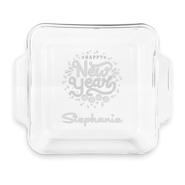 Custom Happy New Year Glass Cake Dish with Truefit Lid - 8in x 8in (Personalized)
