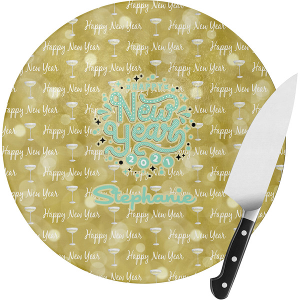 Custom Happy New Year Round Glass Cutting Board (Personalized)