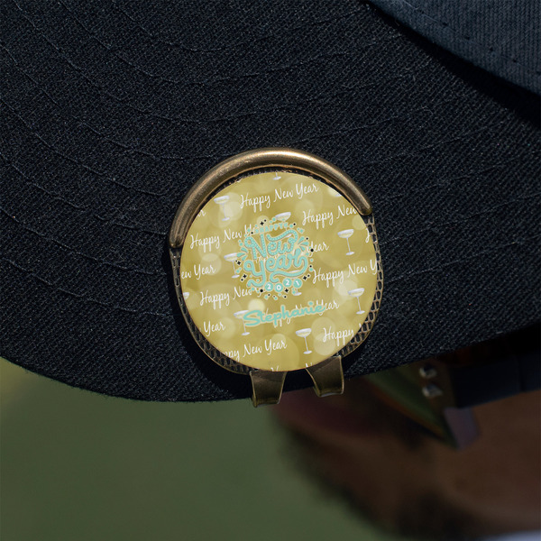 Happy New Year Golf Ball Marker Hat Clip - Gold - On Hat