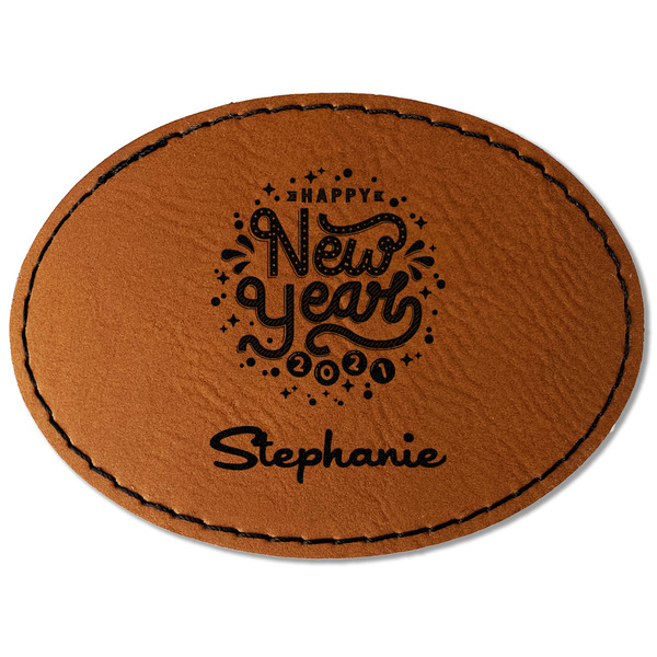 Custom Happy New Year Faux Leather Iron On Patch - Oval (Personalized)