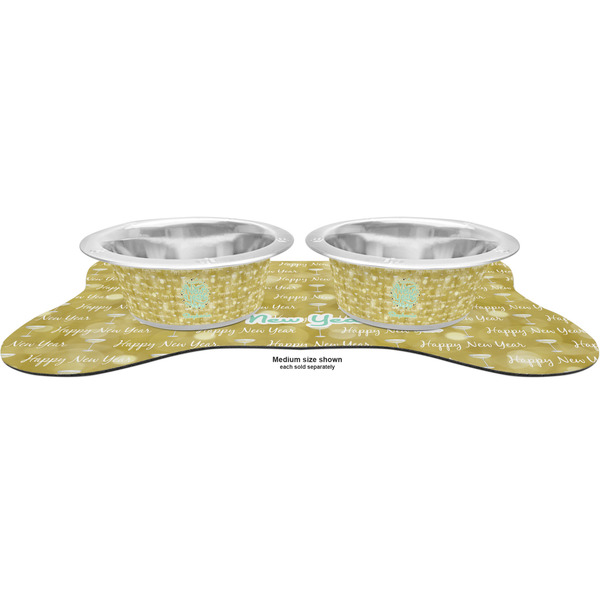 Happy New Year Metal Pet Bowls - On Dog Bone Shaped Mat