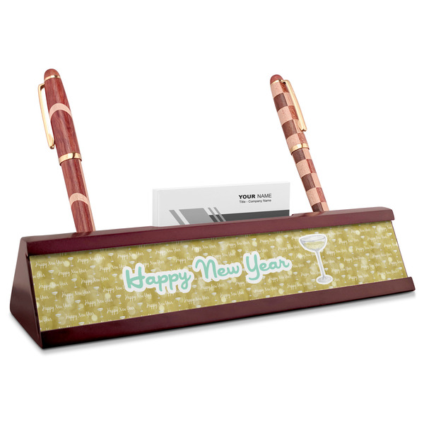 Custom Happy New Year Red Mahogany Nameplate with Business Card Holder (Personalized)