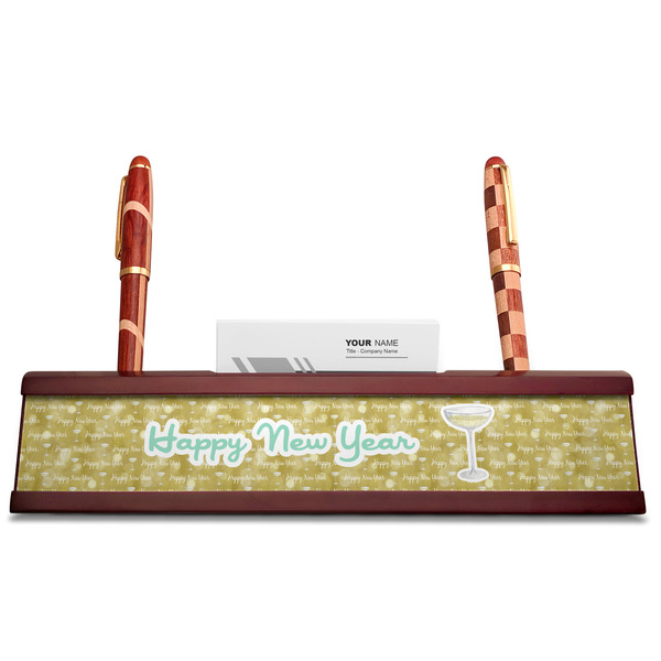 Happy New Year Red Mahogany Nameplates with Business Card Holder - Straight