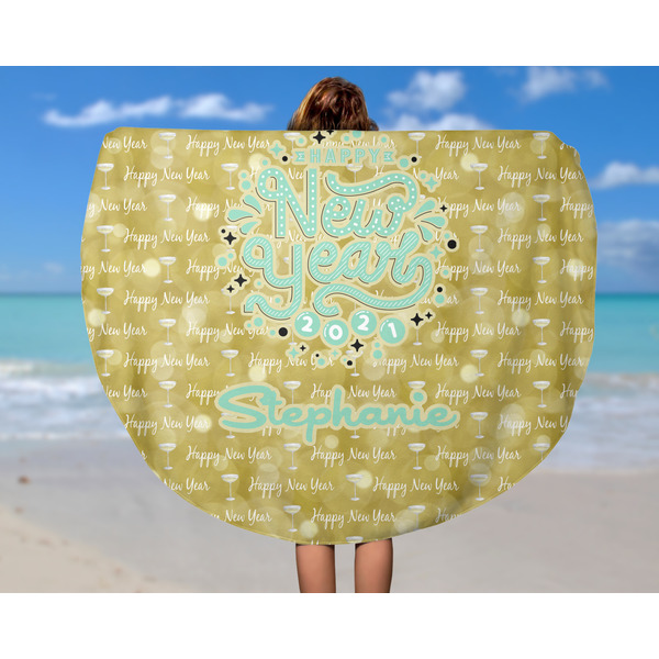 Happy New Year Round Beach Towel - In Use