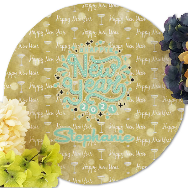 Happy New Year Round Linen Placemats - Front (w flowers)
