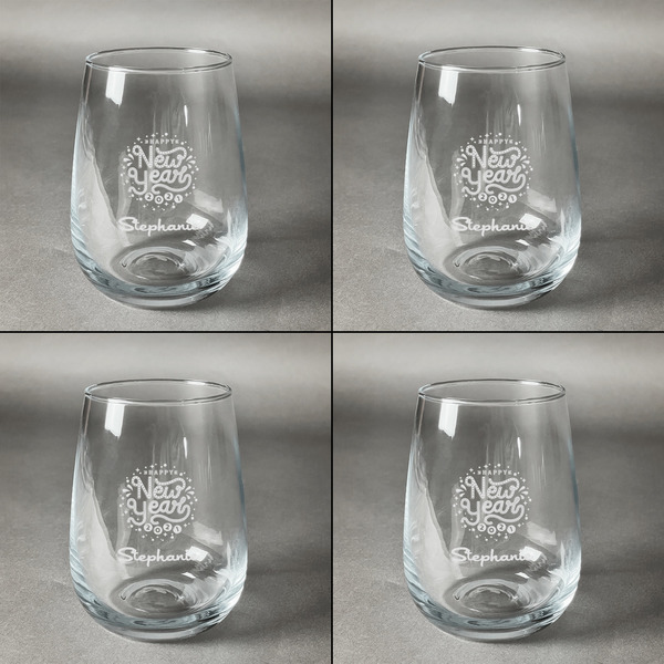 Happy New Year Set of Four Personalized Stemless Wineglasses (Approval)