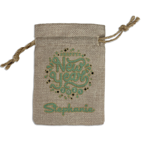 Custom Happy New Year Small Burlap Gift Bag - Front (Personalized)