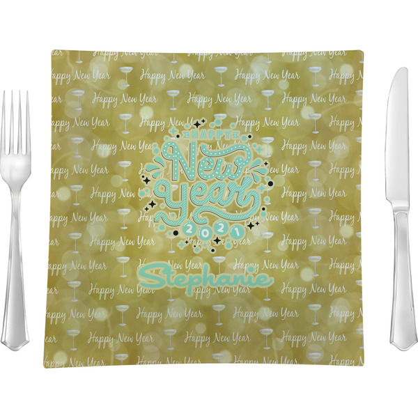 Custom Happy New Year 9.5" Glass Square Lunch / Dinner Plate- Single or Set of 4 (Personalized)