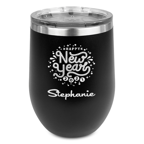 Custom Happy New Year Stemless Stainless Steel Wine Tumbler - Black - Double Sided (Personalized)