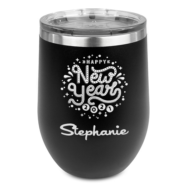 Custom Happy New Year Stemless Stainless Steel Wine Tumbler - Black - Single Sided (Personalized)