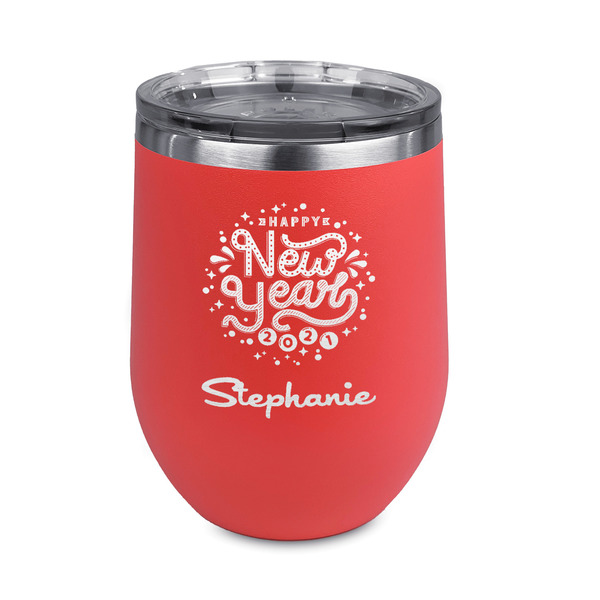 Custom Happy New Year Stemless Stainless Steel Wine Tumbler - Coral - Double Sided (Personalized)