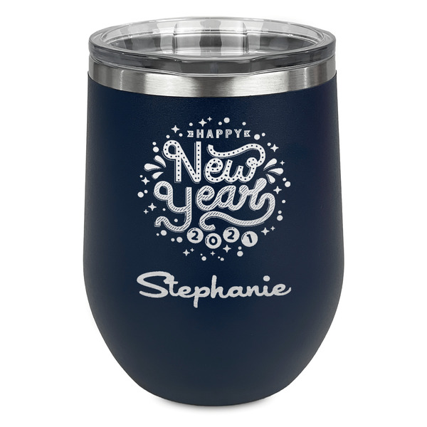 Custom Happy New Year Stemless Stainless Steel Wine Tumbler - Navy - Double Sided (Personalized)