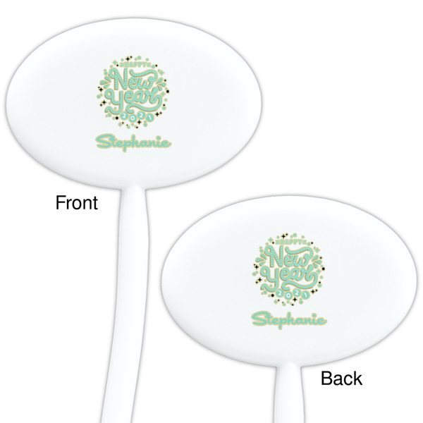 Happy New Year White Plastic 7" Stir Stick - Double Sided - Oval - Front & Back