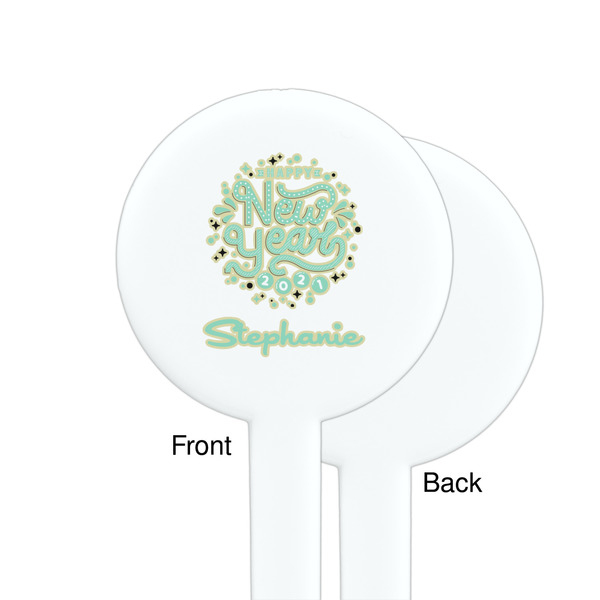 Happy New Year White Plastic 7" Stir Stick - Single Sided - Round - Front & Back