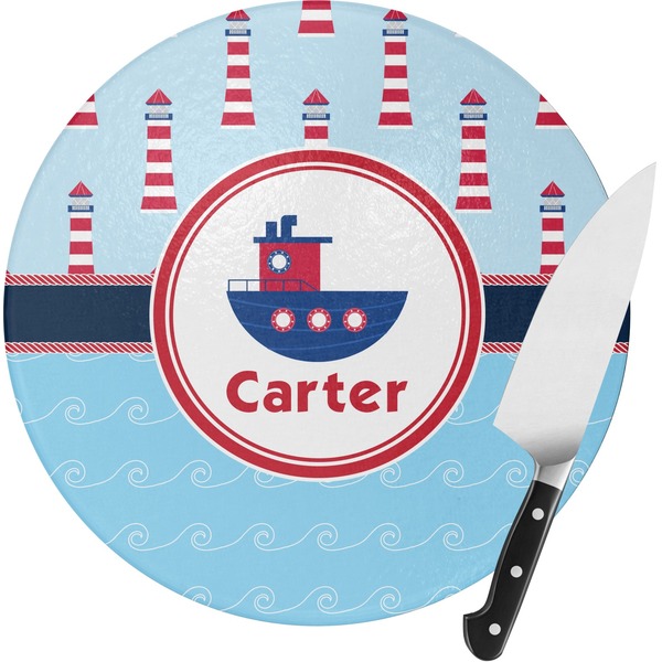 Custom Light House & Waves Round Glass Cutting Board - Small (Personalized)
