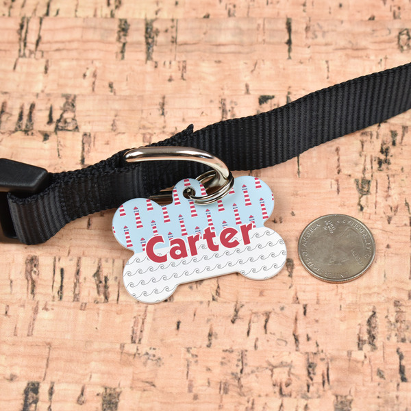 Light House & Waves Bone Shaped Dog ID Tag - Large - In Context