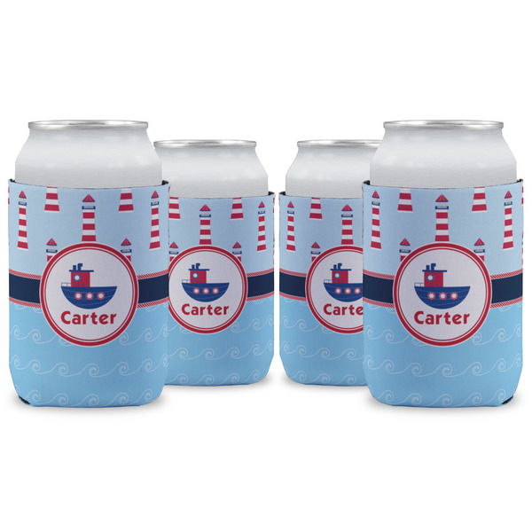 Custom Light House & Waves Can Cooler (12 oz) - Set of 4 w/ Name or Text