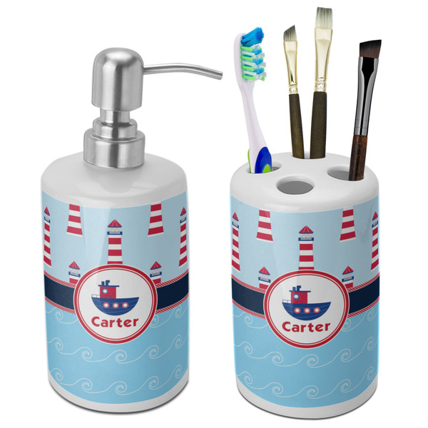 Custom Light House & Waves Ceramic Bathroom Accessories Set (Personalized)