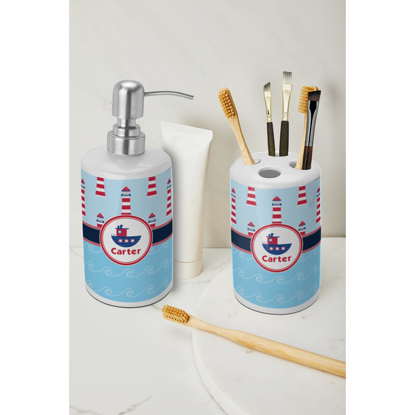 Light House & Waves Ceramic Bathroom Accessories - LIFESTYLE (toothbrush holder & soap dispenser)
