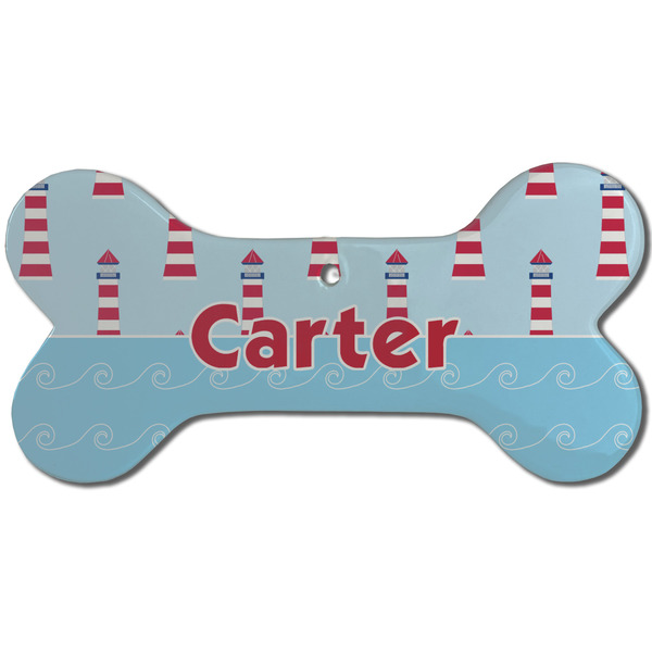 Light House & Waves Ceramic Flat Ornament - Bone Front