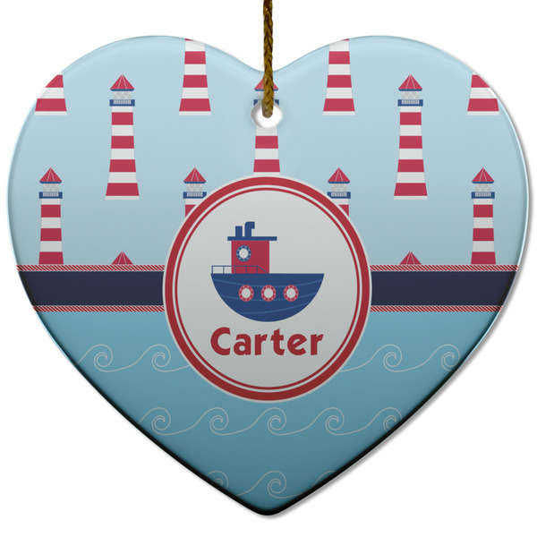 Light House & Waves Ceramic Flat Ornament - Heart (Front)
