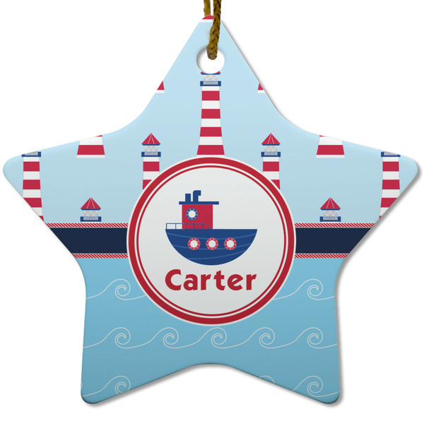 Light House & Waves Ceramic Flat Ornament - Star (Front)
