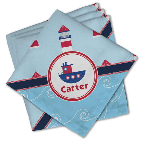 Custom Light House & Waves Cloth Cocktail Napkins - Set of 4 w/ Name or Text