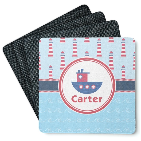 Custom Light House & Waves Square Rubber Backed Coasters - Set of 4 (Personalized)