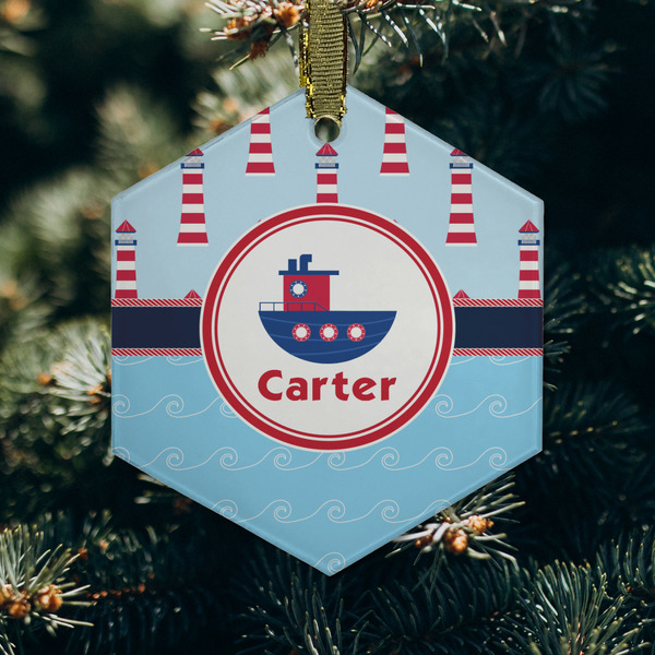 Light House & Waves Frosted Glass Ornament - Hexagon (Lifestyle)