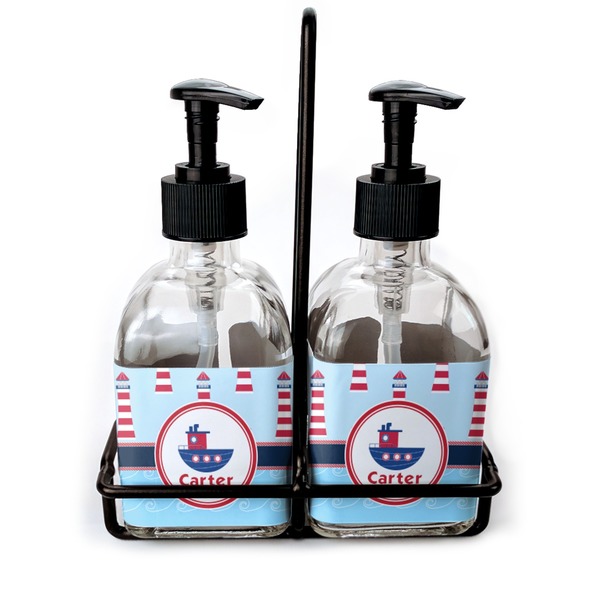 Custom Light House & Waves Glass Soap & Lotion Bottle Set (Personalized)