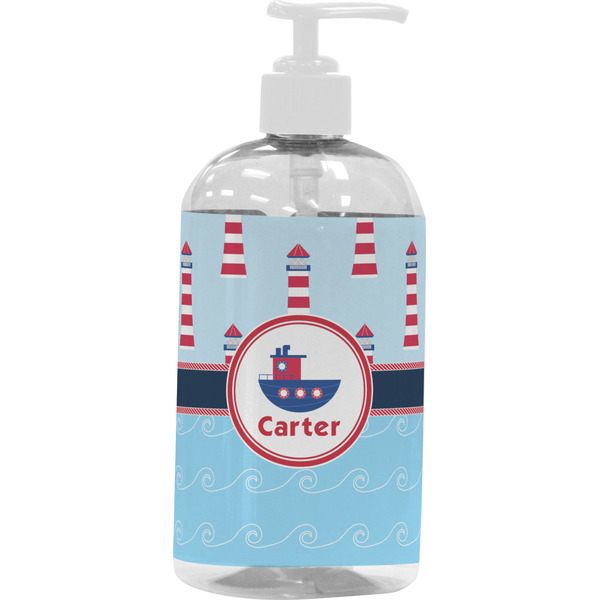 Custom Light House & Waves Plastic Soap / Lotion Dispenser (16 oz - Large - White) (Personalized)