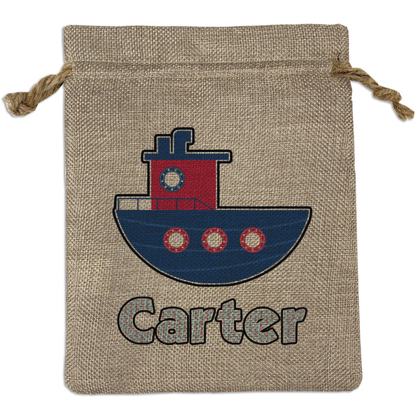 Custom Light House & Waves Medium Burlap Gift Bag - Front (Personalized)