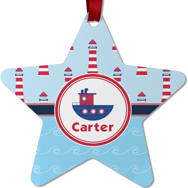 Custom Light House & Waves Metal Star Ornament - Double Sided w/ Name or Text