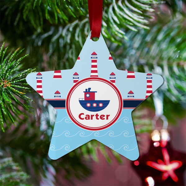 Light House & Waves Metal Star Ornament - Lifestyle