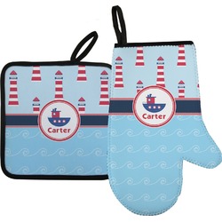 Light House & Waves Right Oven Mitt & Pot Holder Set w/ Name or Text