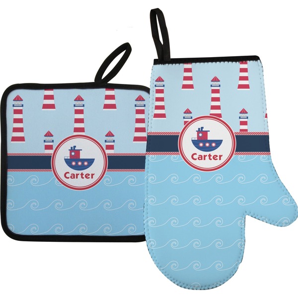 Custom Light House & Waves Right Oven Mitt & Pot Holder Set w/ Name or Text