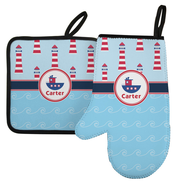 Custom Light House & Waves Left Oven Mitt & Pot Holder Set w/ Name or Text