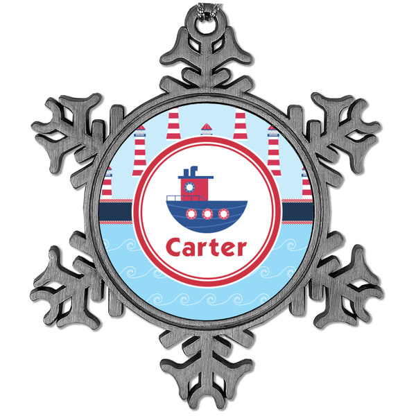 Custom Light House & Waves Vintage Snowflake Ornament (Personalized)