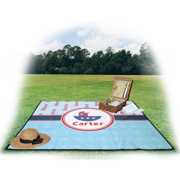 Light House & Waves Picnic Blanket - with Basket Hat and Book - in Use