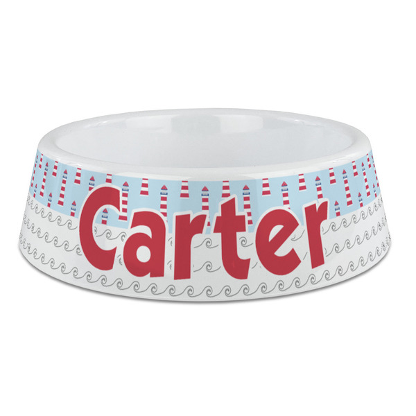 Custom Light House & Waves Plastic Dog Bowl - Large (Personalized)