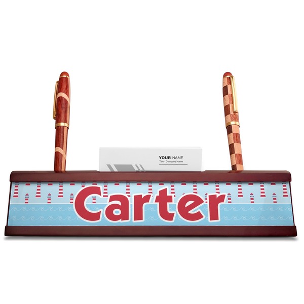 Light House & Waves Red Mahogany Nameplates with Business Card Holder - Straight