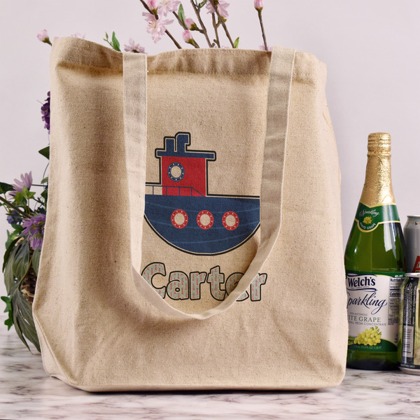 Light House & Waves Reusable Cotton Grocery Bag - In Context