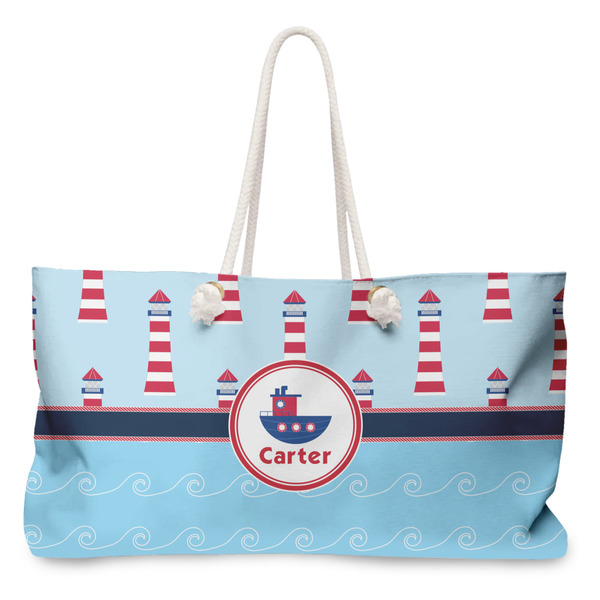 Custom Light House & Waves Large Tote Bag with Rope Handles (Personalized)