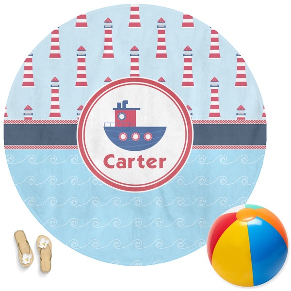 Custom Light House & Waves Round Beach Towel (Personalized)