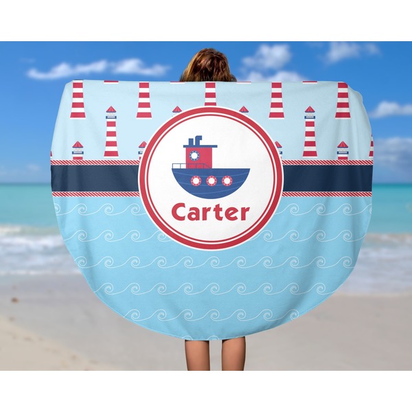 Light House & Waves Round Beach Towel - In Use