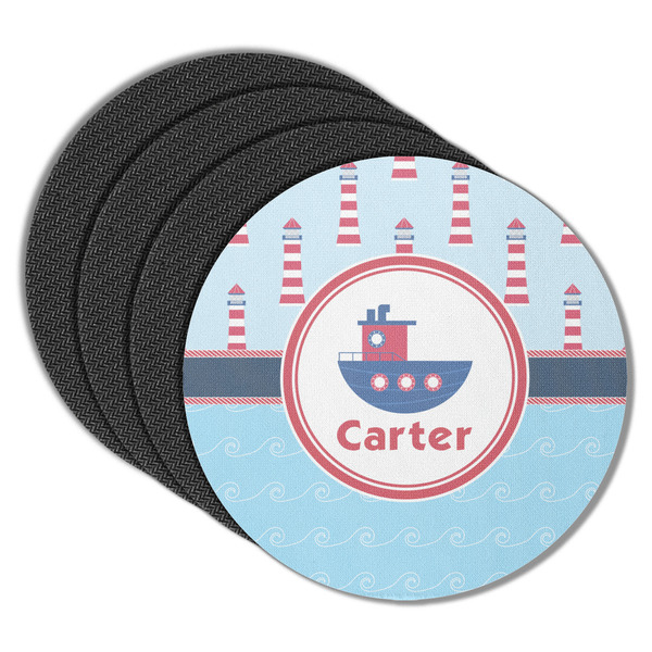 Custom Light House & Waves Round Rubber Backed Coasters - Set of 4 (Personalized)