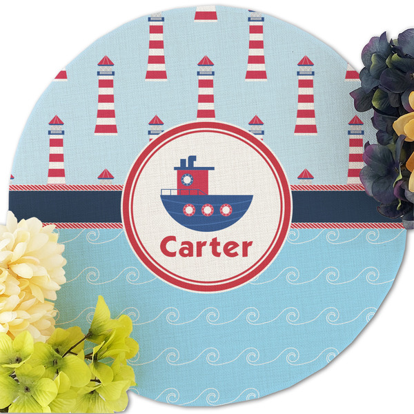 Light House & Waves Round Linen Placemats - Front (w flowers)