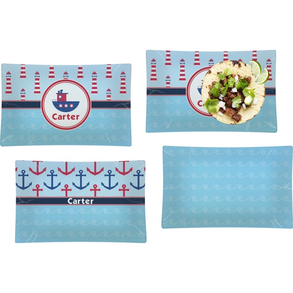Custom Light House & Waves Set of 4 Glass Rectangular Lunch / Dinner Plate (Personalized)