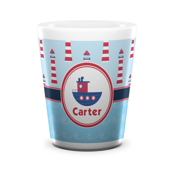 Custom Light House & Waves Ceramic Shot Glass - 1.5 oz - White - Set of 4 (Personalized)