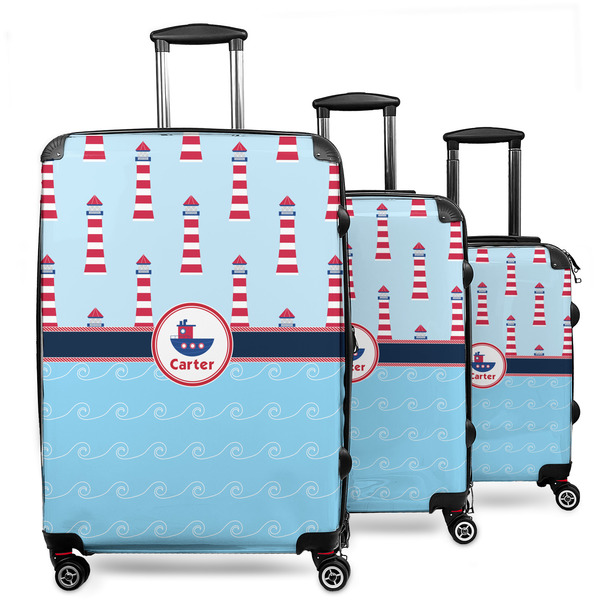 Custom Light House & Waves 3 Piece Luggage Set - 20" Carry On, 24" Medium Checked, 28" Large Checked (Personalized)